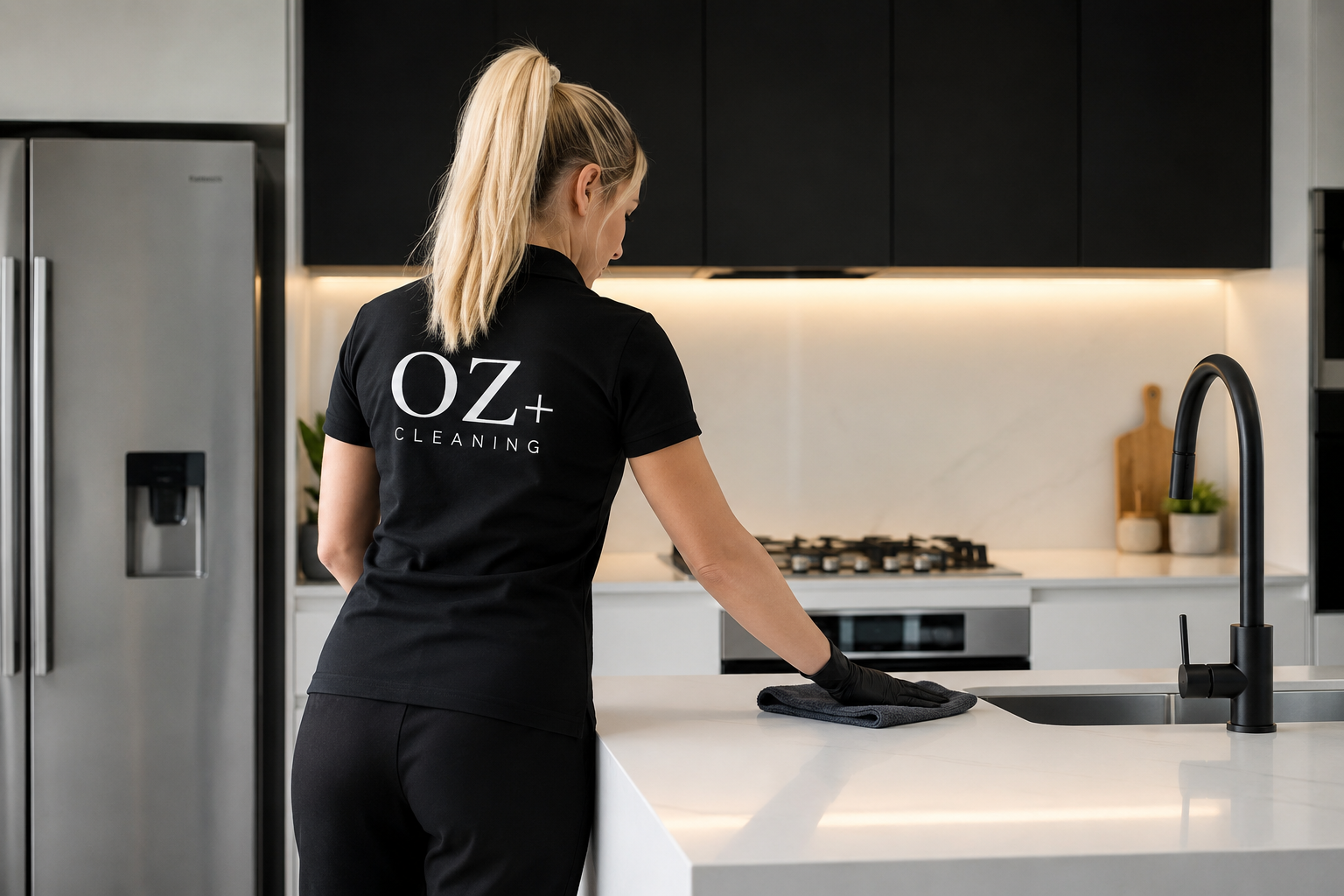 OZ+ cleaner polishing a kitchen benchtop