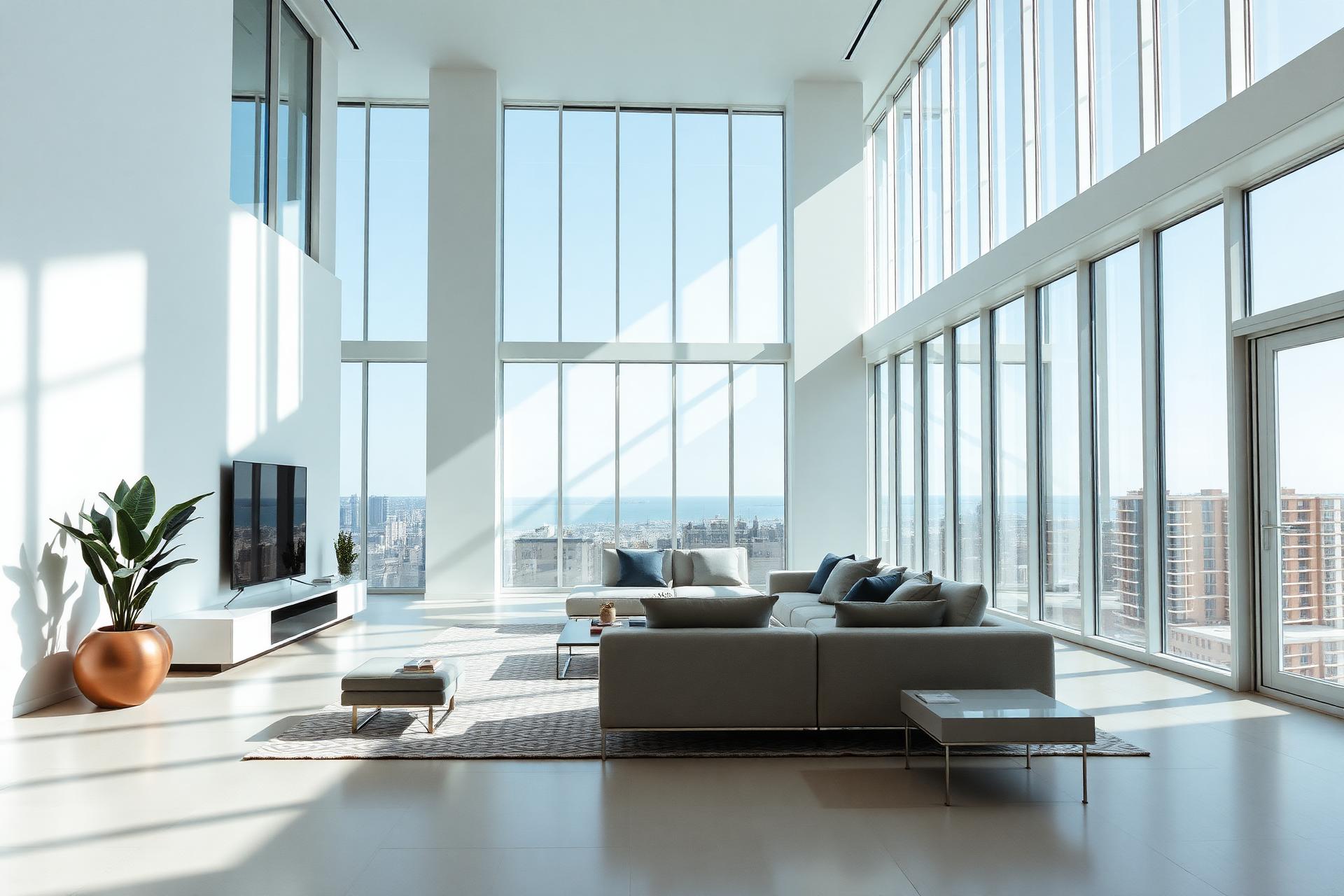 Bright, immaculately clean modern interior with floor-to-ceiling windows